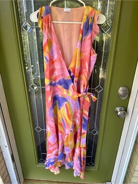 Ecru medium abstract flutter sleeve wrap dress